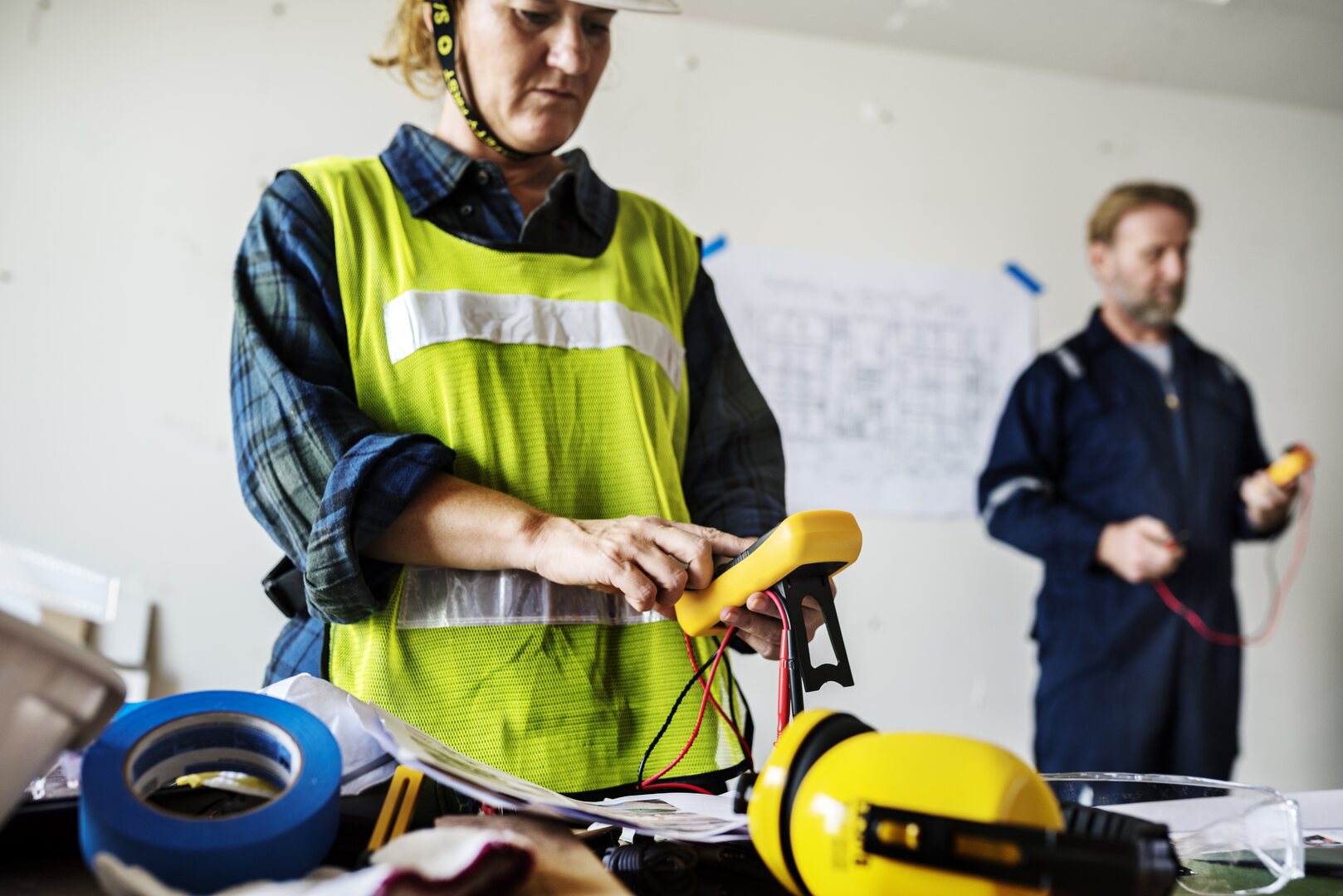 Dwóch pracowników przy laptopie realizuje wstępne szkolenie BHP online